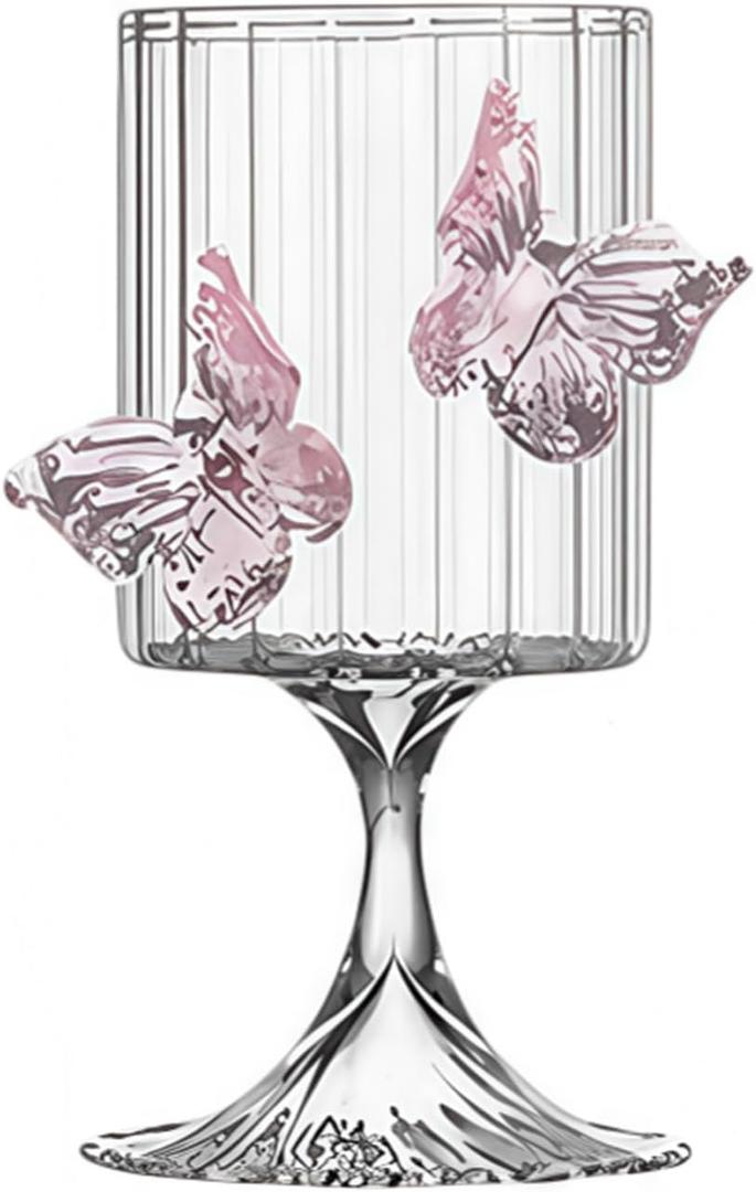 Pink Butterfly Wine Glasses with 3D Butterflies Coquette Champagne Glasses Butterfly Wine Cocktails Glassware for Weddings Engagements Party Gifts (Striped glass)