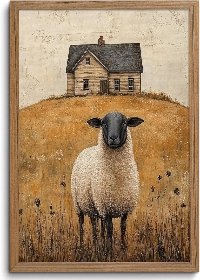Framed Sheep Wall Art Farmhouse Wall Decor Country Retro Print 16x24 Inch