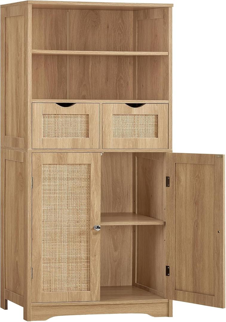 Iwell Tall Storage Cabinet, Rattan Cabinet with 2 Drawers & Adjustable Shelf, Kitchen Pantry Storage Cabient, Entryway Cabinet for Living Room, Dining Room, Home Office, Natural, 49.4''h