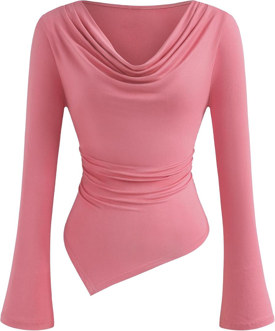 PRETTYGARDEN Womens Bell Long Sleeve Shirts Casual Cowl Neck Asymmetrical Slim Fit Crop Tops Y2K Going Out Spring Clothes (Pink, XXL)