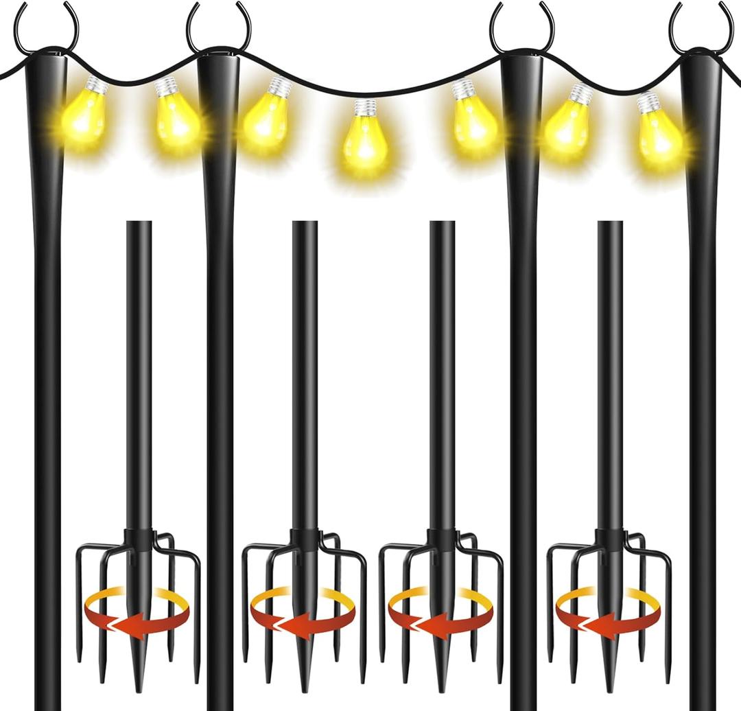 4 Pack 10Ft String Light Poles, Metal Poles with Fork for Outside Lights,Outdoor Metal Light Stand with Fence Brackets Hanging Lights for Garden Patio Wedding Backyard Deck Party