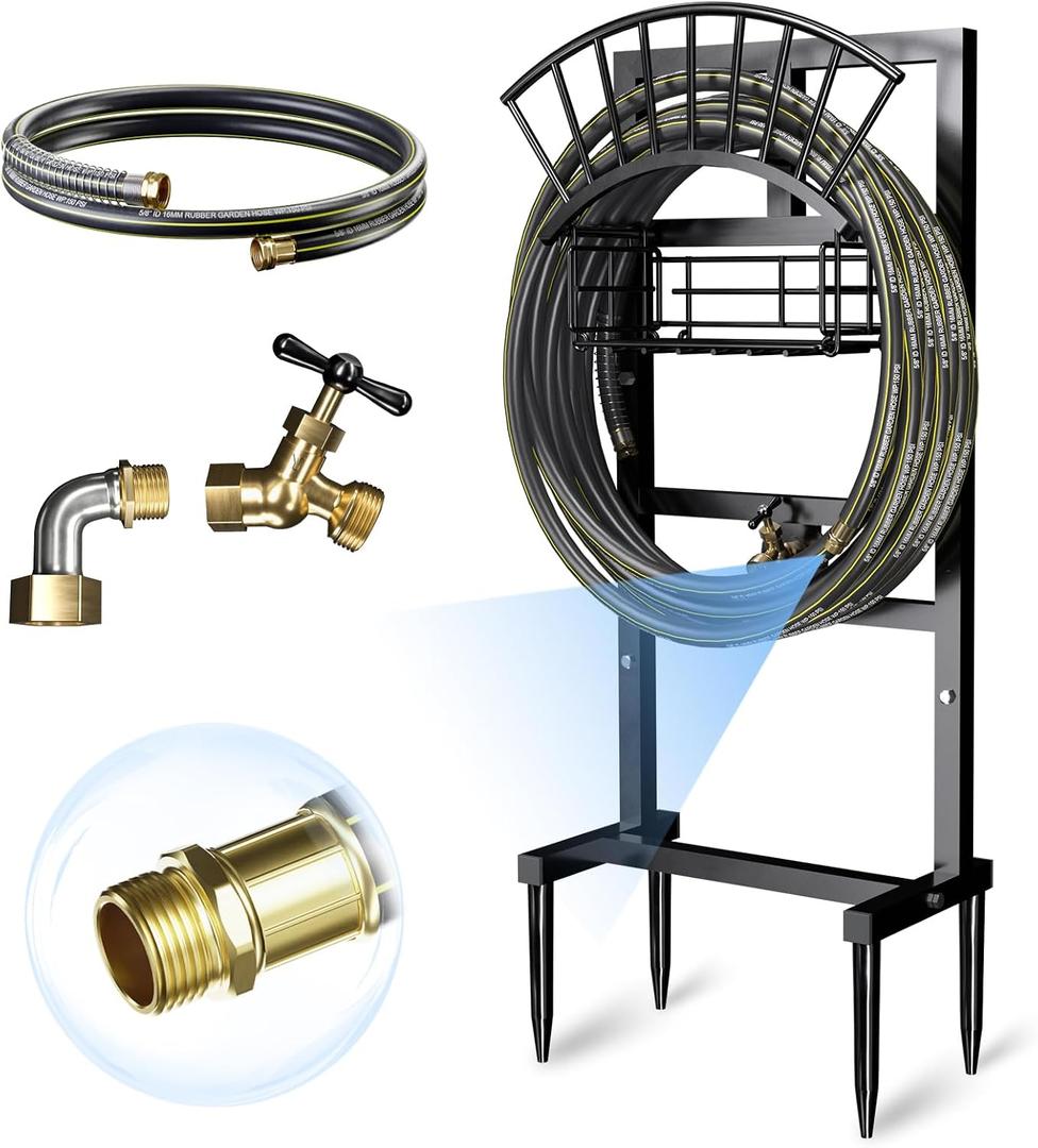 Garden Hose Holder with 45ft Water Hose, Brass Faucet