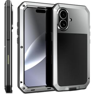 Compatiable with iPhone 17 Case,360 Full Body Protective Cover Heavy Duty Shockproof [Tough Armour] Aluminum Alloy Metal Case with Silicone Built-in Screen Protector - Silver