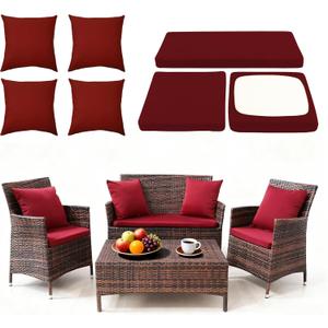 Waterproof 3-Piece Patio Sofa Cushion Cover Set - Replacement Covers for Outdoor Wicker Furniture, Bench & Seat Cushions with 4pcs Throw Pillow Cover (Wine Red)