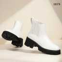 IDIFU IN2 Women's Chelsea Boots Platform Low Block Chunky Heeled Ankle Boots Round Toe Lug Sole Slip On Dress Boots Fall Work Dressy Comfortable Fashion Casual Short Booties Shoes (White)