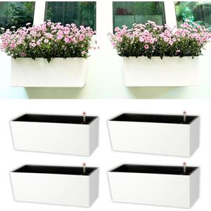 LaLaGreen Outdoor Wall Planters (14 Inch, 4 Pack) White Self-Watering Wall Mounted Flower Boxes, Rectangular Window Box Hanging Planters Plastic Containers Pot Indoor Herbs Modern Home Garden Decor