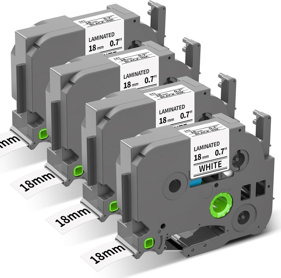 TZe-241 TZe241 Replacement for Brother P Touch Label Tape TZe TZ Tape 18mm 0.7 Inch Laminated White Label Maker Tape, Compatible with Brother PT-D400 PT-D410 PT-D600 PT-D610BT, 3/4 Inch, 4-Pack (Black on White)