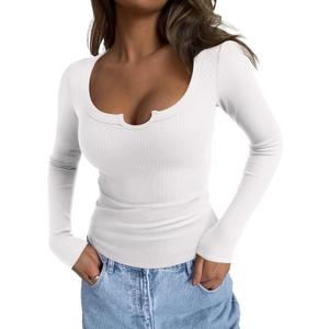 REORIA Womens Long Sleeve Scoop V Neck Shirts Ribbed Knit Slim Fitted Tops Trendy 2025 Fall Basic Tees Going Out Blouse (White, XL)