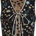 SweatyRocks Women's Floral Embroidered Tie Front Crop Vest Tops Boho Country Concert Cowgirl Western Outfits (Medium, Black)