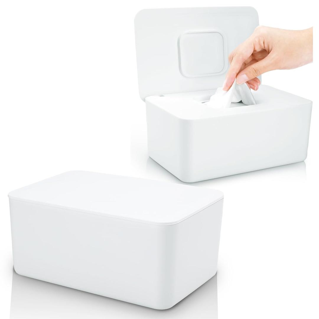 2 Pack Lijroavy Baby Wipes Dispenser, Baby Wipe Holder for Fresh Wipes, Non-Slip Baby Wipes Container, Refillable Wipes Box, Wipes Case with Sealing Design Lid (White and White)