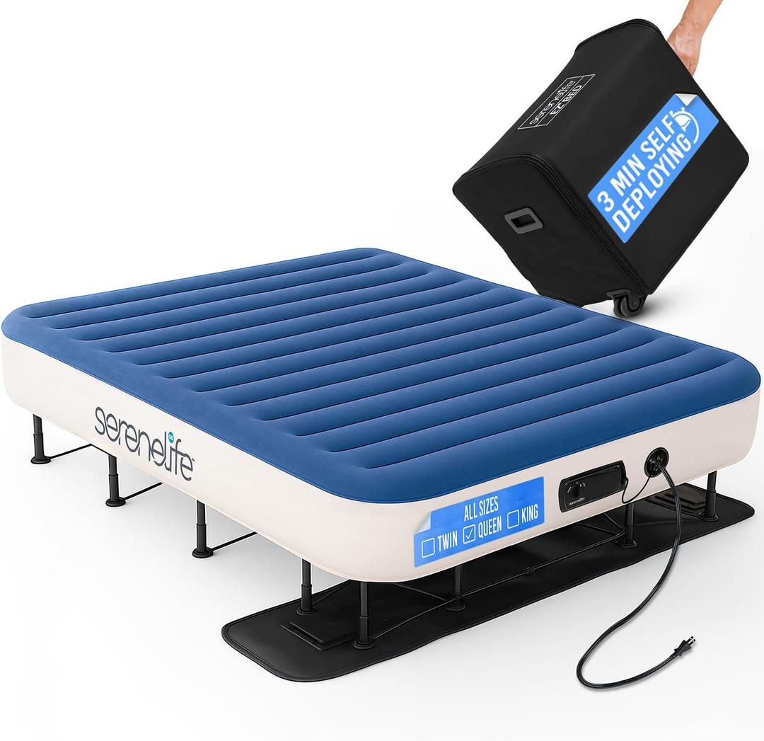 SereneLife (Queen) EZ Bed Air Mattress with Frame and Rolling Case - 3 Min Self Inflating Air Bed with Upgraded U-Coil Mattress and Premium Soft Flocked Top, Wall Plug AC Powered Inflate and Deflate