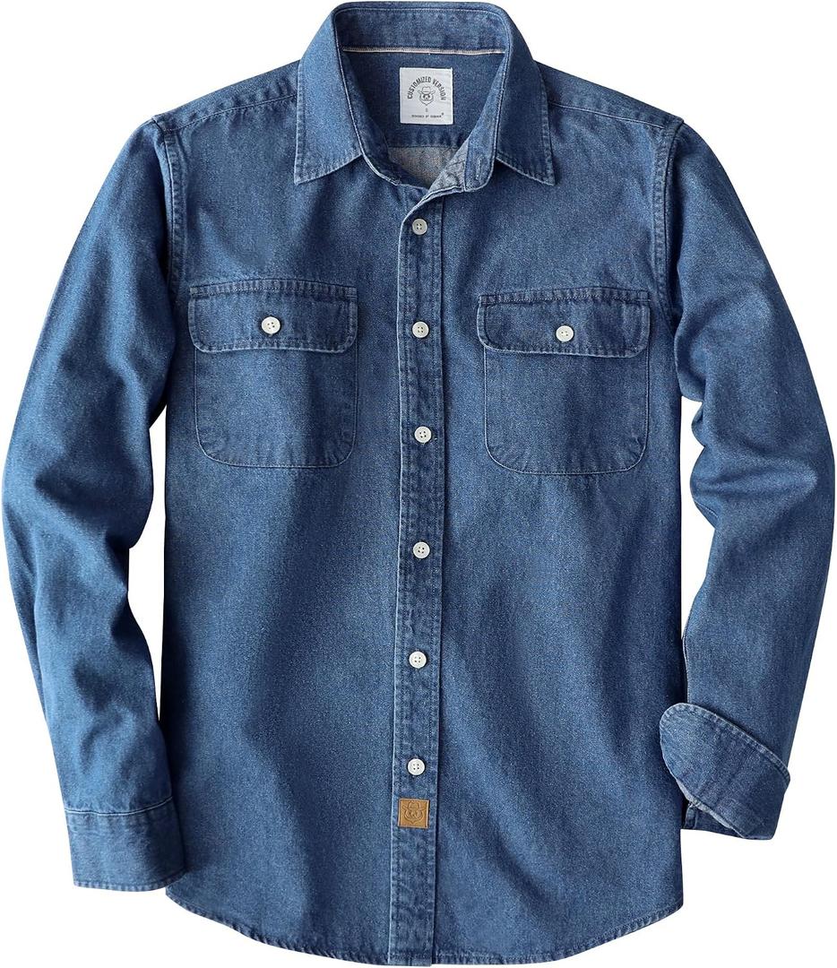 Dubinik 8.8 oz Denim Shirt Men Mens Cowboy Shirts Long Sleeve Button Down Cotton Pocket Utility Casual Work Regular Fit (Blue, XXL)