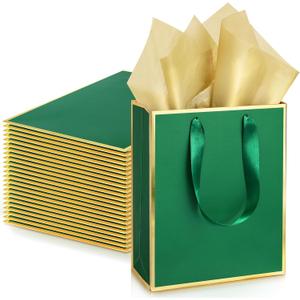 Yeaqee 24 Pack Metallic Paper Gift Bags with Handle and Tissue 9x7x3.1 Welcome Gift Thank You Bags for Wedding Father's Day Bridal Shower Groomsmen Birthday Party(Green Gold)