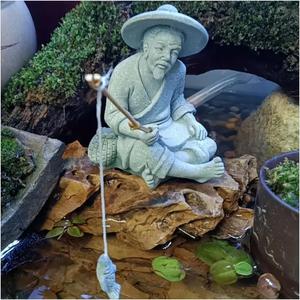 livelyfish Mini Fisherman Statue Asian Zen Decoration Sitting Fishing Figurines Sandstone Vintage Ornament for Aquarium Fish Tank Pot Garden Home Japanese Decor (A2)