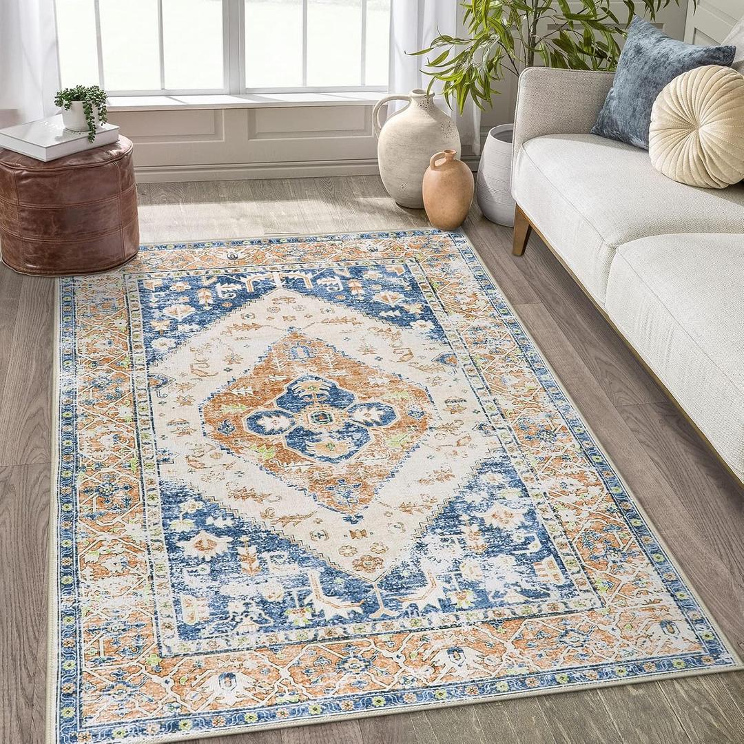 Lahome Boho Washable Living Room Rug 3x5 Throw Non-Slip Area Rug for Bedroom Lightweight Thin Rugs for Entryway Kitchen Vintage Distressed Print Aesthetic Capet for Office Bathroom Laundry Room (3 X 5, Blue/Orange)