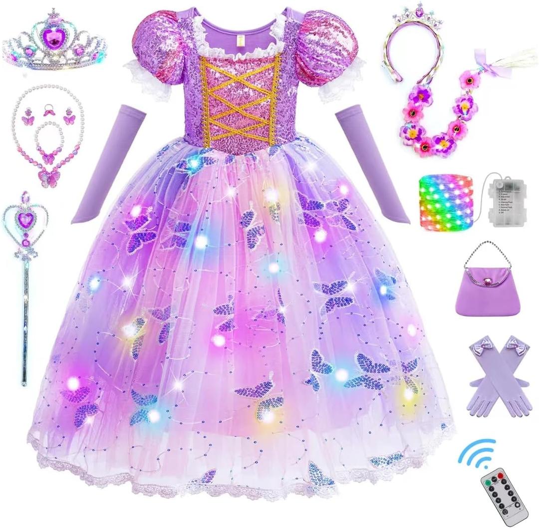 Light Up Princess Dresses for Girls Toddler Halloween Birthday Party Girls Costume with Accessories (Purple)