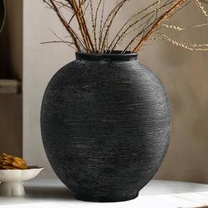 Black Ceramic Flower Vase Home Decor, Large Round Farmhouse Table Vases Rustic Vintage Living Room Entrway Kitchen Bedroom DecorationsMinimalist Hand-Made Textured Vase (9.8 H Black Bronze)