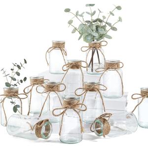 Glass Flower Vases for Centerpieces, 12Pcs Vintage Small Clear Bud Vase for Flowers Mini Crystal Decorative Bottle with Hemp Rope Bows for Housewarming Wedding Birthday Tabletop Decoration