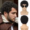Baruisi Mens Black Curly Wig Short Synthetic Halloween Cosplay Costume Replacement Hair Wigs