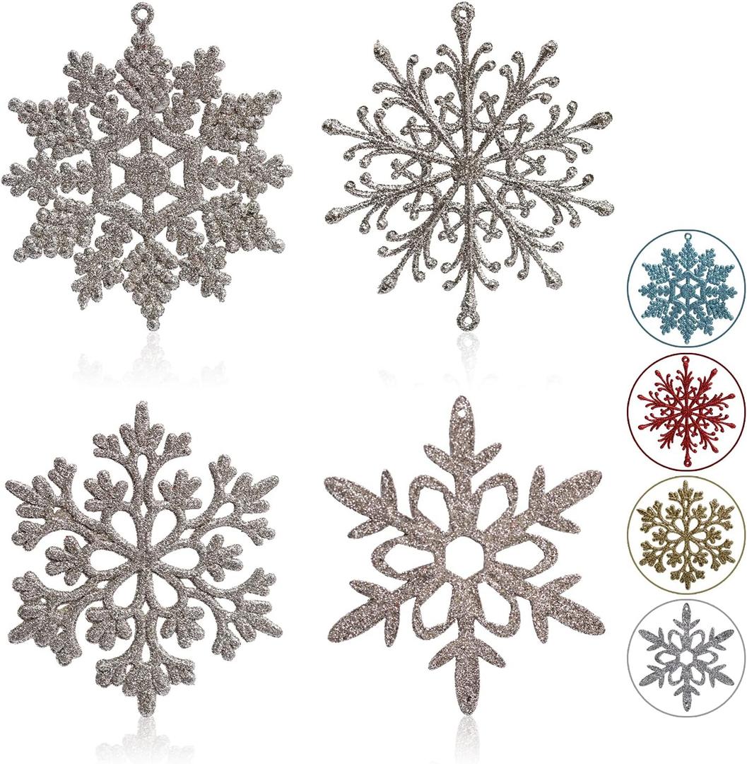 Christmas Snowflake Ornaments, 40pcs Glitter Snowflakes Christmas Decorations Champagne Gold Hanging Decorations for Xmas Tree Gift for Holiday and Party