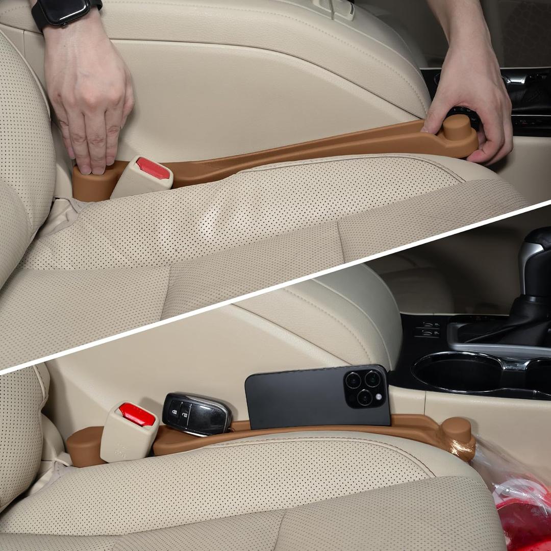 Car Seat Gap Filler Set of 2, 3IN1 Seat Side Gap Filler Plug with Storage Slot & Hook Function, Soft Foam Universal Fit Car SUV Truck Fill Gap Between Seats Console OrganizerStandard Saddle Brown
