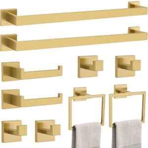 10-Piece Bathroom Hardware Accessories Set-Brushed Gold Towel Bar, Holder & Racks-SUS304 Stainless Steel-Wall Mounted,23.6-Inch