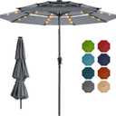 HOMSHADE 9FT 3-Tier Solar Patio Umbrella Heavy Duty,Vented Market Table Umbrella Windproof w/32 LED Lights,UPF50+,5-Year Fade Resistant,8 Thicker Ribs for Pool,Lawn,Garden,Deck (Grey,No Base)