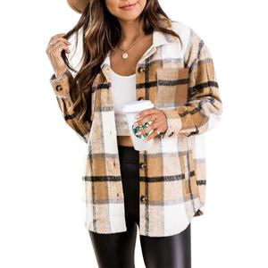 Beaully Women's 2025 Fall Clothes Plaid Shacket Jacket Long Sleeve Button Down Flannel Shirts Fashion Jacket (X-Large, Khaki)