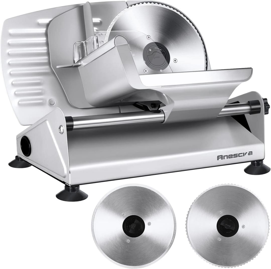 Meat Slicer, Anescra 200W Electric Deli Food Slicer with Two Removable 7.5 Stainless Steel Blades and Food Carriage, 0-15mm Adjustable Thickness Meat Slicer for Home, Food Slicer Machine