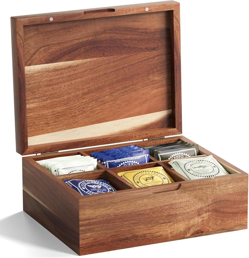 Acacia Wood Tea Bag Organizers, Tea and Sugar Packet Storage Chest with Lid, Wooden Teabag Holder Containers,Storage Box Teabox with 6 Compartments (Six grids, Brown)