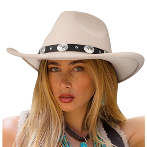 DRESHOW Women Men Classic Felt Wide Brim Western Cowboy & Cowgirl Cap Belt Buckle Retro Panama Hat Unisex Rolled up Caps