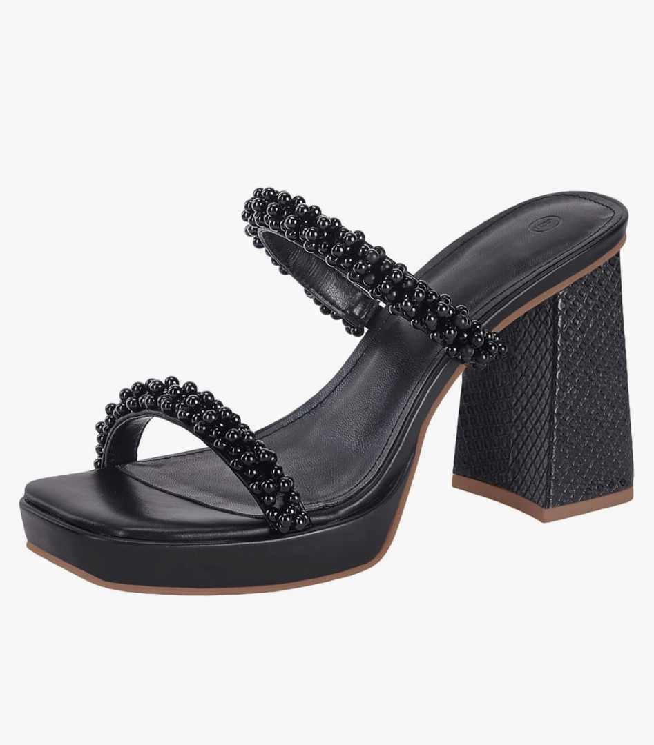 Coutgo Women's Pearl Sandals Platform Chunky High Heels Square Open Toe Strappy Slip On Slides 5