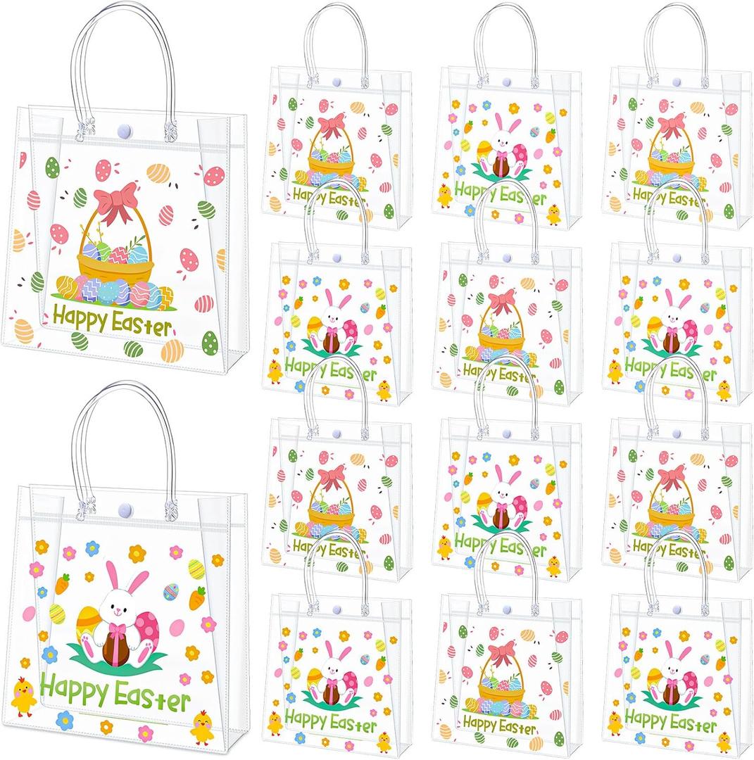 Motipuns 24 Pcs Happy Easter Gift Bags Reusable Clear PVC Bunny Treat Bags with Handles Egg Goodie Party Favor Totes for Easter Spring Birthday Holiday Party Supplies