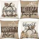 Fall Pillow Covers 18x18 Set of 4 Linen Vintage Floral Pillow Covers Pumpkin Decorative for Couch Bed Farmhouse Decorations for Home Gray Pillow Cover