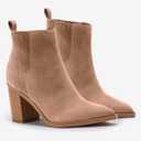 Imily Bela Womens Ankle Boots Pointed Toe Chunky Stacked Mid Heeled Faux Suede Leather Booties (8.5, Khaki)