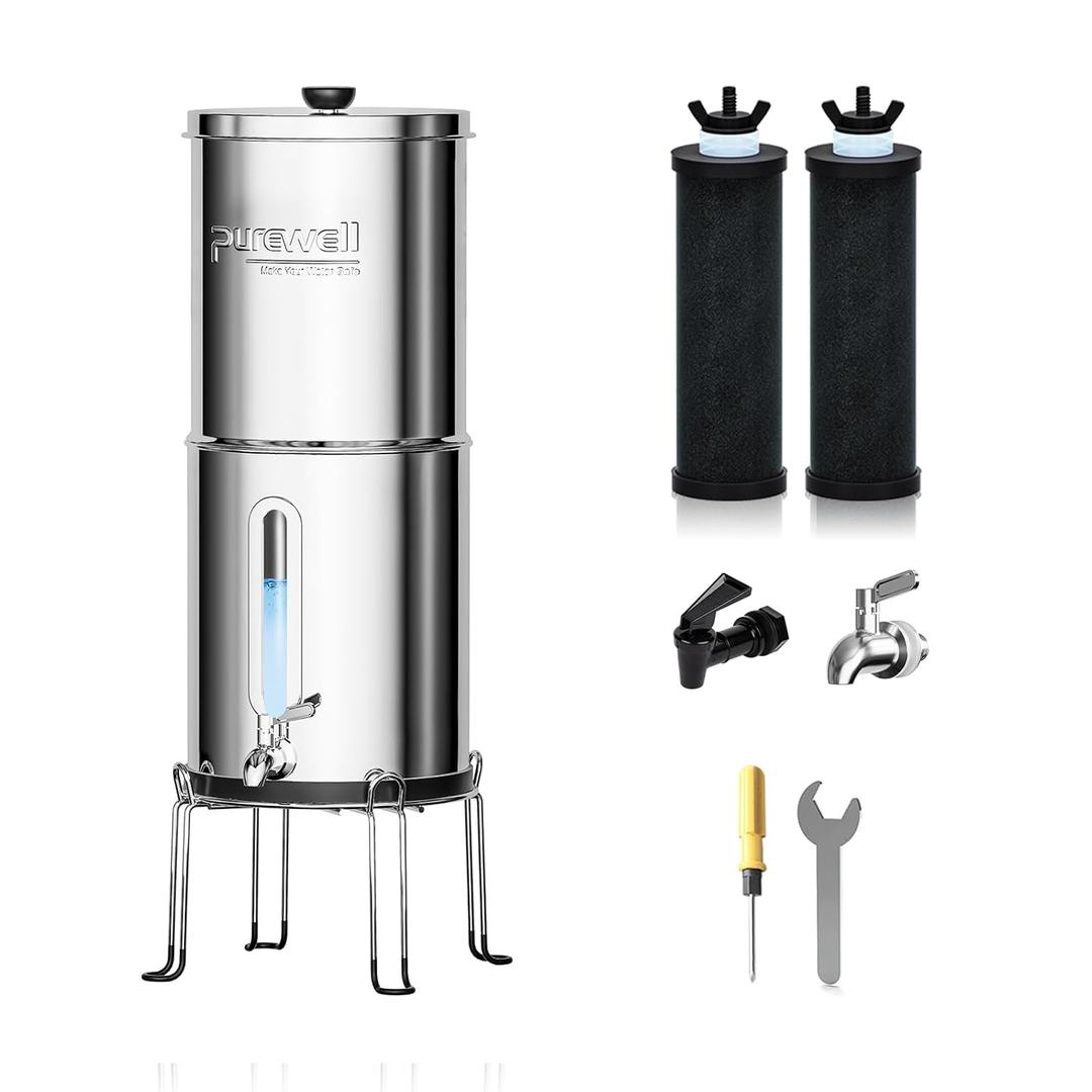 Purewell 1.5G Gravity Water Filter System, 3-Stage 0.01m Ultra-Filtration Stainless Steel Countertop System with 2 Filters and Stand, Reduce 99% Chlorine, PW-MKS (Silver)
