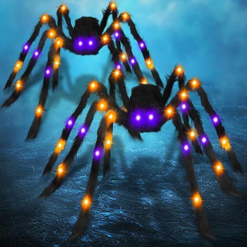 2 Pack 50 Inch Large Light Up Halloween Spider Decorations, 26 LED Orange Purple Lights Battery Operated Realistic Black Spider Scary Halloween Decor Outdoor Indoor Spider Web Yard Haunted House Party
