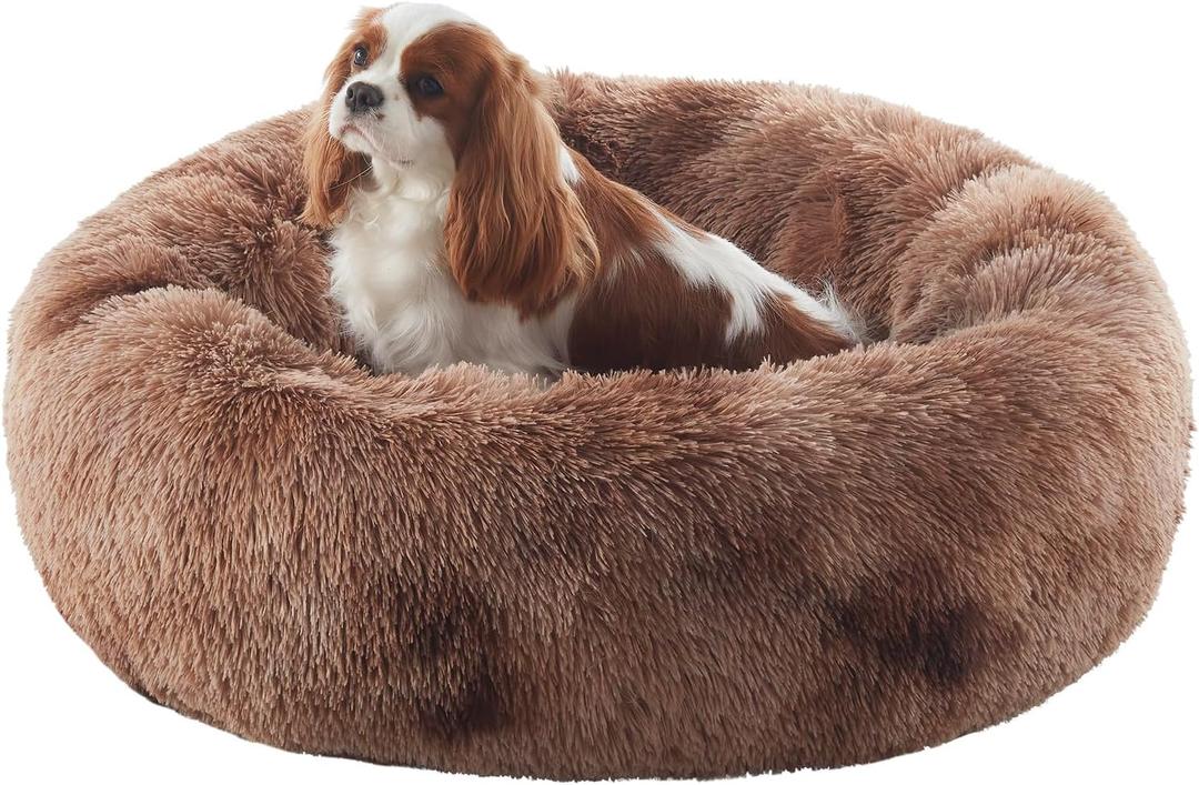 30 inches Donut Dog Bed for Medium Dogs,Calming Fluffy Round Pet Bed with Removable & Washable Cover,Fits up to 45 lbs Pets(Tie-dye Brown,Medium)