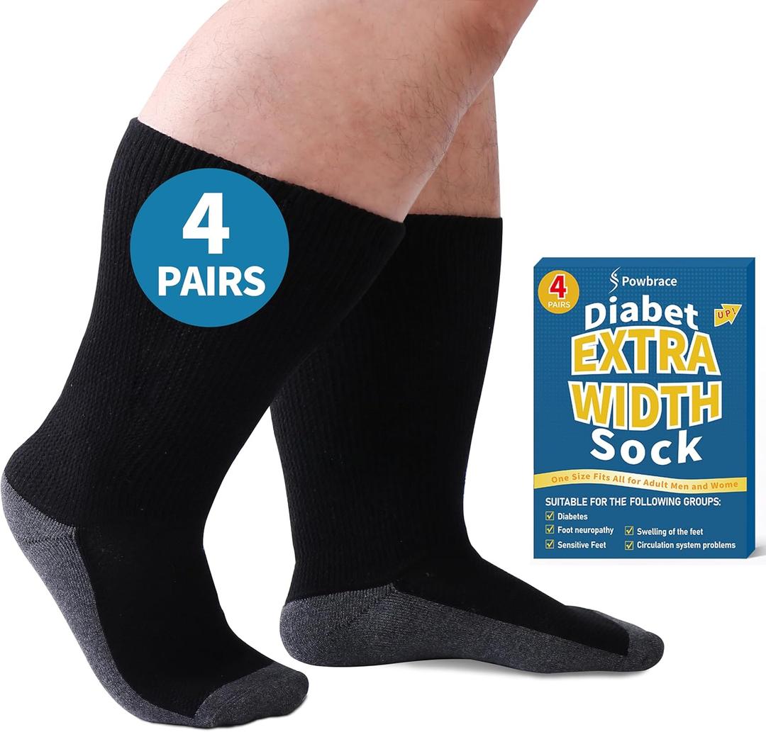 Diabetic Socks - 4 Pairs Wide Fit, Plus Size, Lymphedema & Edema Socks for Men, Women & Bariatric Use