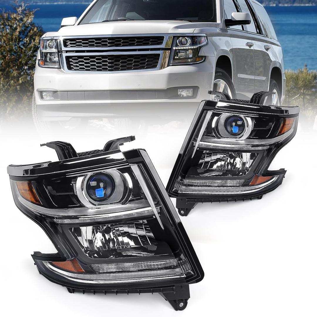 FIONE L&R Headlights Compatible with Chevy Tahoe/Suburban 2015-2020 LED DRL Halogen Headlamp Black Housing W/O Bulbs Headlamp Left+Right Side