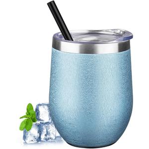 12 oz Insulated Wine Tumbler with Lid and Straw Double Wall Vacuum Insulated Wine Cup Stainless Steel Wine Tumbler Glasses for Coffee,Cocktail,Office (Wrinkle Paint Sea Blue,1)