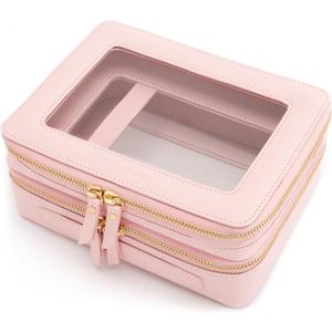 Aveniee XL Clear Makeup Organizer,Double Layer Travel Cosmetic Case with Brush Holder & Zippered Compartments, Large Toiletry Bag Train Case for Women.2 Layers, Pink