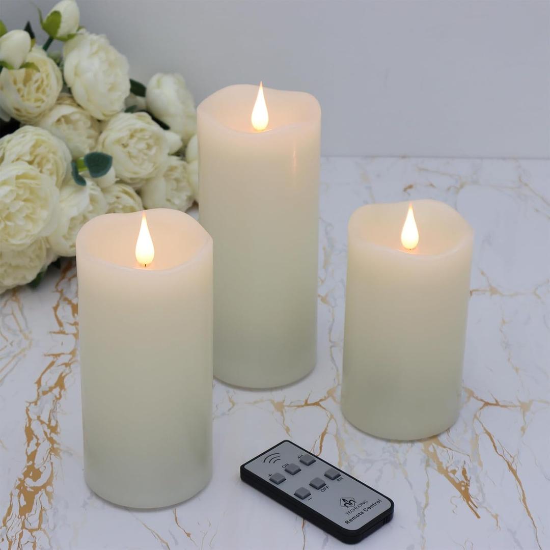 TECHLONG 3 Pack Flickering Flameless Candles Battery Operated with Timer, 3D Moving Flame Last 1000+ Hours, Ivory Real Wax Electric LED Pillar Candle for Wedding Christmas Decorations (3" x 5"6"7")