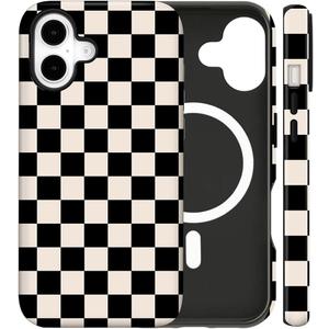 Magnetic for iPhone 17 Case Cute Checkered Phone Case, Shockproof Slim TPU and Hard PC Protective Phone Cover Compatible with MagSafe Designed for Women Girls Gift, Black&White