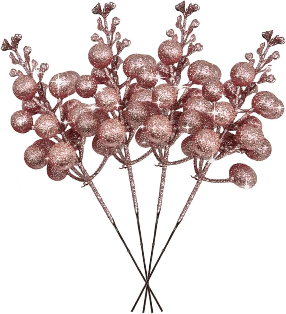 36Pcs Rose Gold Christmas Glitter Berries Stems, 7.5 Inch Artificial Christmas Picks, Glitter Berry Branches, Berry Holly Picks Stems for Christmas Tree Ornaments, DIY Xmas Wreath Party Home Decor