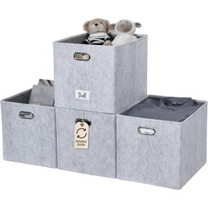 DECOMOMO Felt Storage Bins 13x15x13 Storage Cube Bins with Labels, Baskets for Organizing Shelves (Kallax / 4pcs, Light Grey)