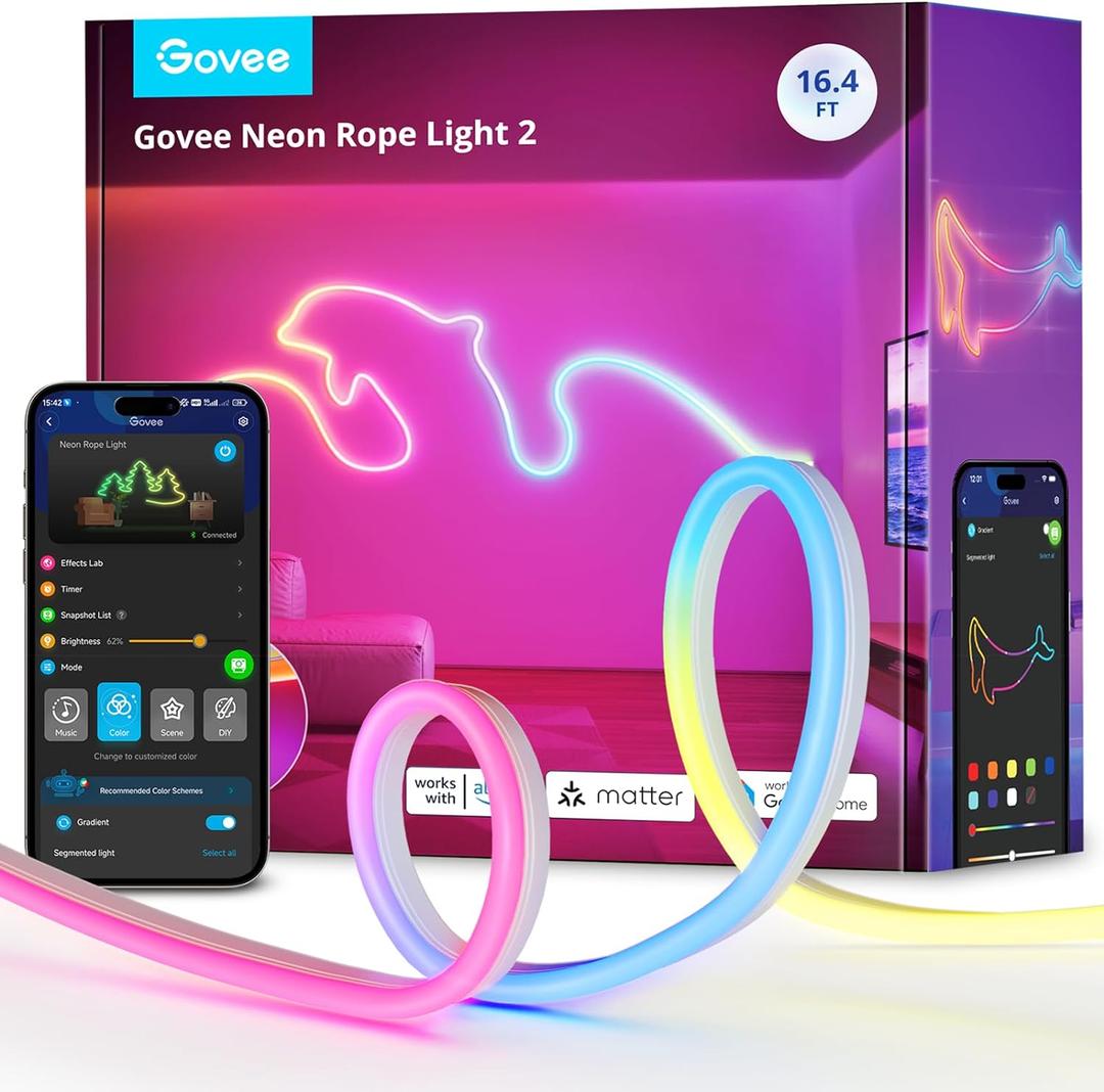 Govee RGBIC Neon Lights, LED Smart Neon Rope Light 2 Works with Matter, Alexa, Google Assistant, Custom DIY Neon Strip Lights for Bedroom and Wall Decor, Softer Material, 16.4ft, White (16.4ft, White)