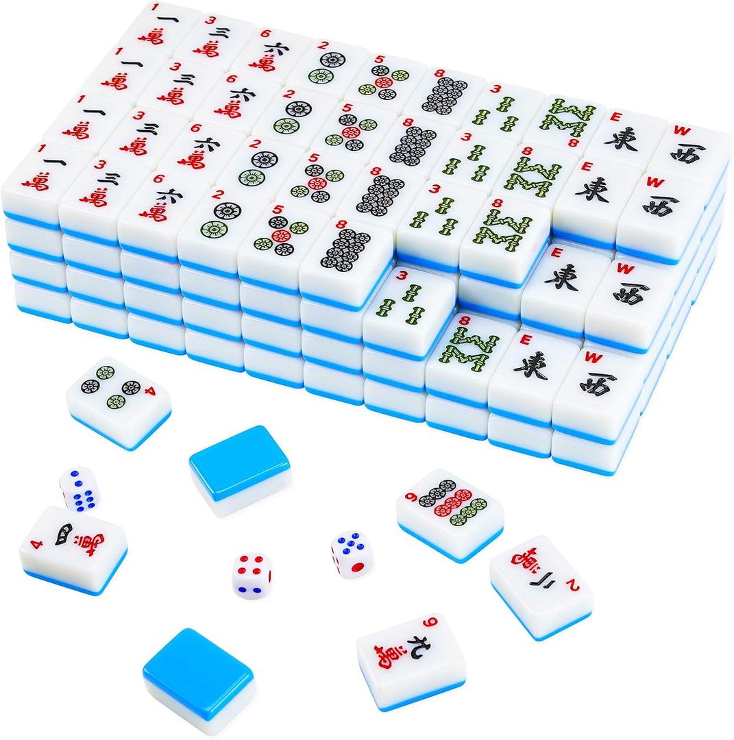 American Mahjong Tile Set, 166 Pcs 1.2" Mahjong Tiles with 3 Dices 1 Instruction, Mahjong Game Set for Adult Family & Friends Gatherings, Mahjong Lovers, Beginners (Blue), 1.2" x 0.9" x 0.5"