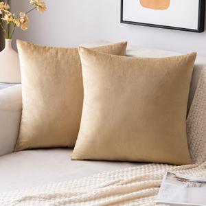 EMEMA Pack of 2 Velvet Throw Pillow Covers Decorative Square Pillowcase Soft Solid Cushion Case for Sofa Bedroom Chair Car 20x20 Inch Khaki (20" x 20" (Pack of 2))