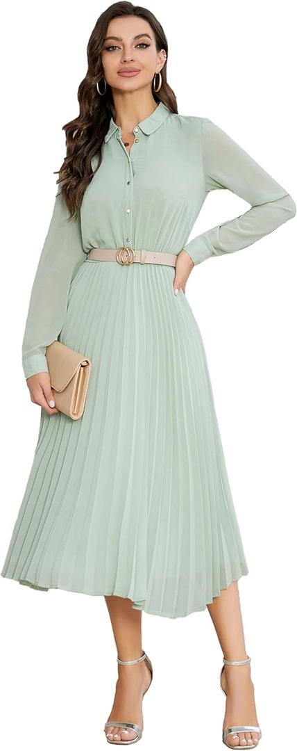 Business Casual Shirt Dress for Women Long Sleeves Pleated Midi Dresses with Belt (X-Small, Mint Green)